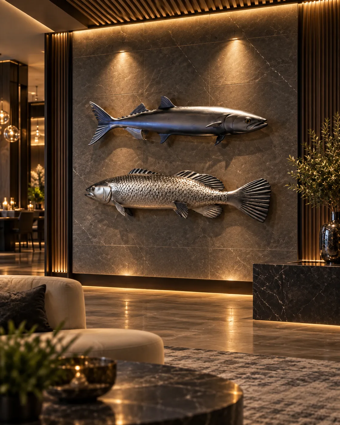 Visualization: a pair of fish sculptures in a hotel lobby
