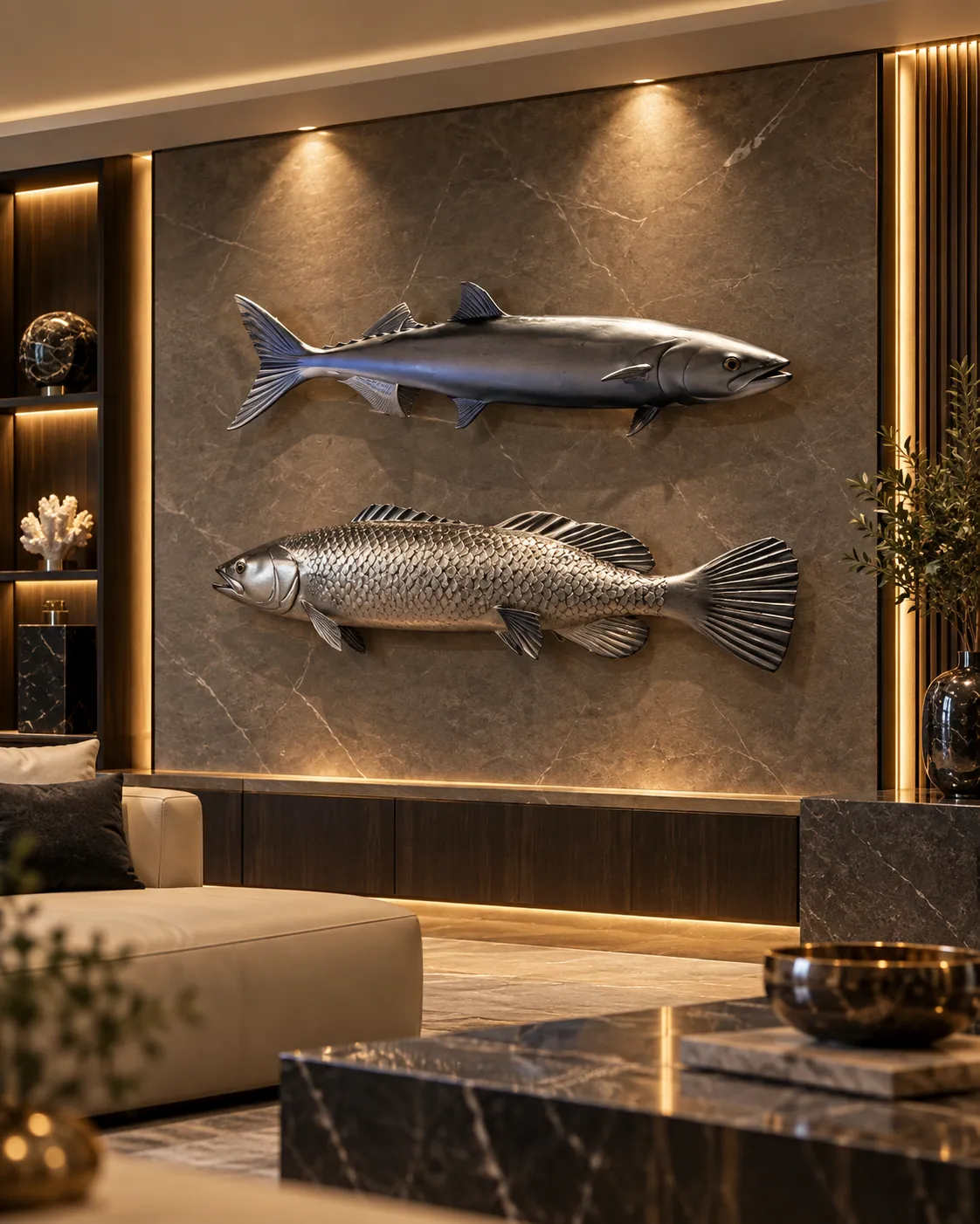 Visualization: fish sculptures on a stone wall under accent lighting